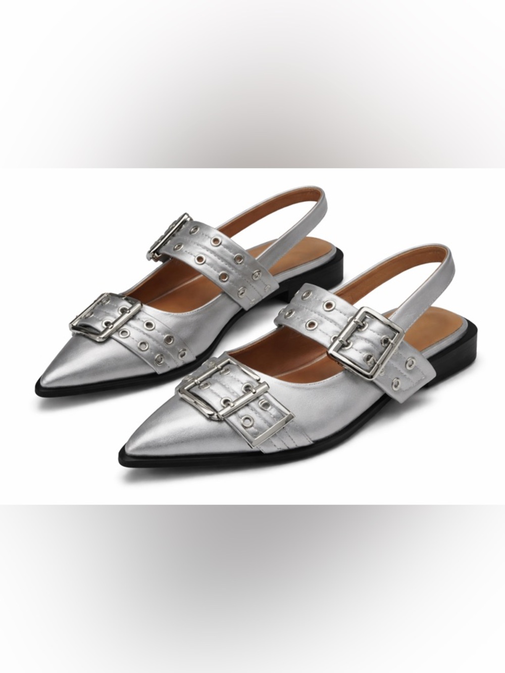 NWT Edgy Buckle Flats - Silver Studded Pointed Toe Slingback 8.5
